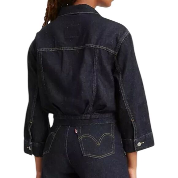 Levis Premium Jacket WMNS S Blue Denim Trucker Relaxed Cropped Jean Flap Pockets - Picture 11 of 13